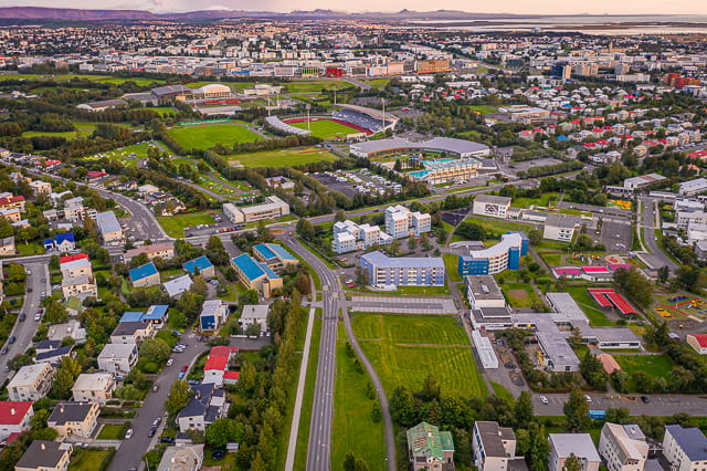 Laugardasvöllur and Laugardashöll in Reykjavik from above