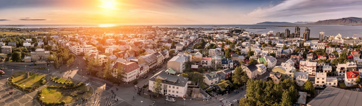 Aerial view of Reykjavik with sunset