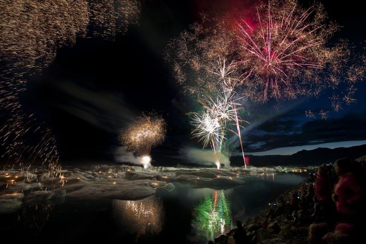 Annual fireworks at Jokulsarlon Glacier Lagoon