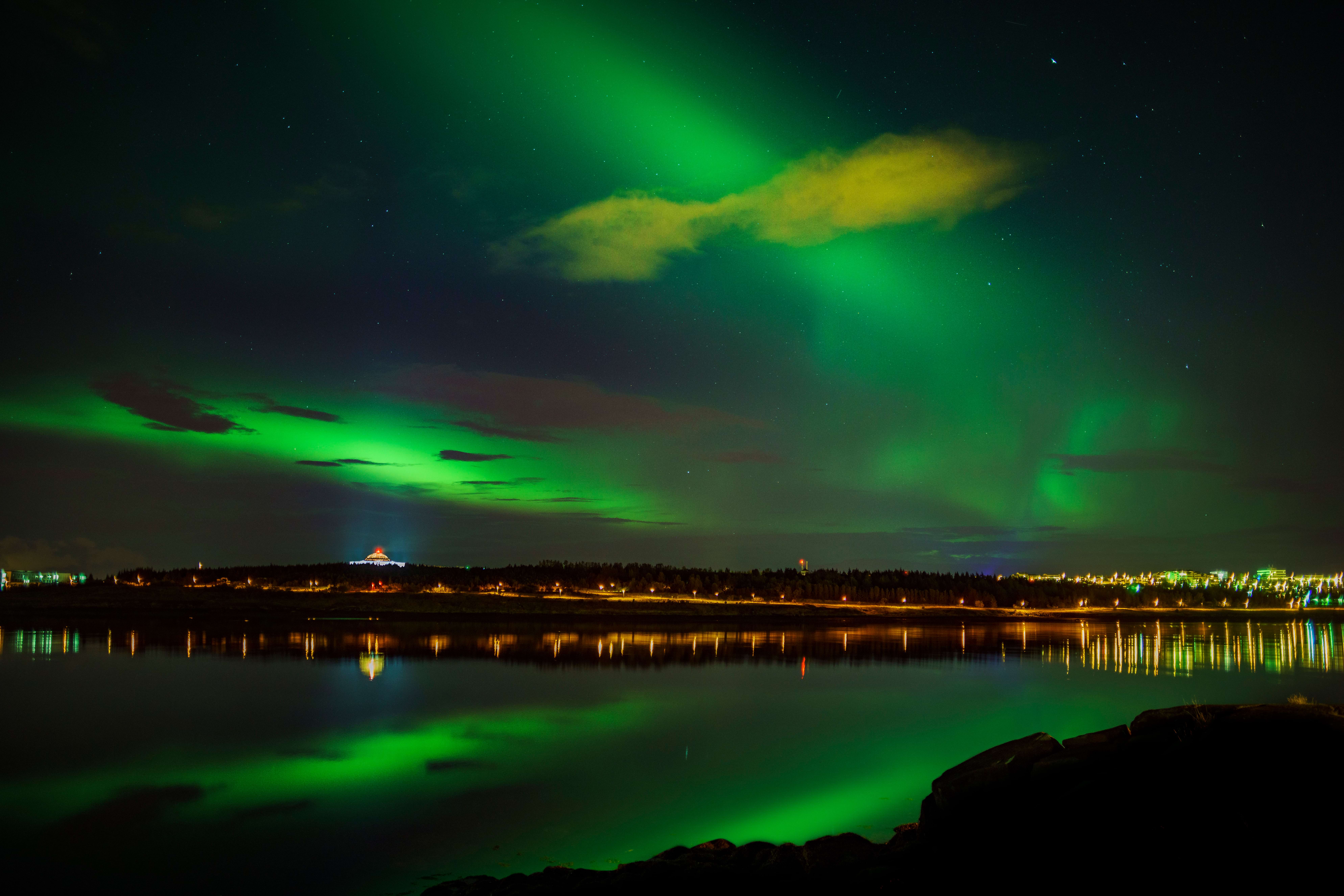 Northern Lights over Perlan in Reykjavik