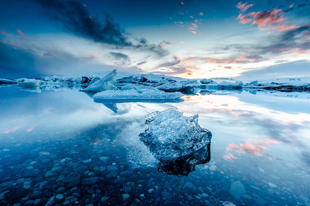 Jokulsarlon Glacier Lagoon in beautiful sunset south iceland