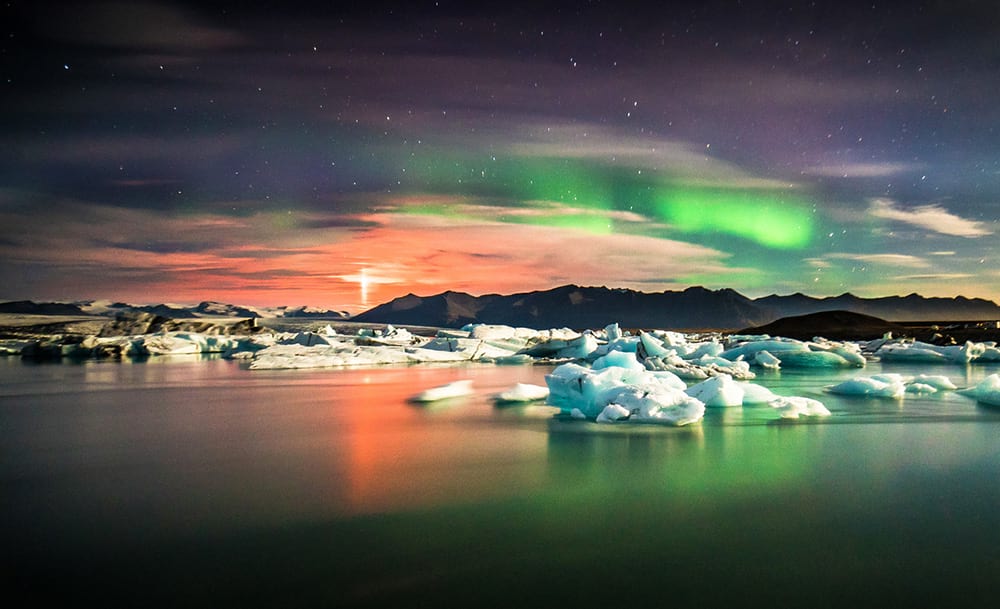 The Northern Lights dancing over Jokulsarlon Glacier Lagoon Iceland