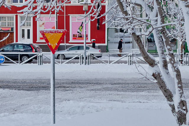 Snowy street in Reykjavik