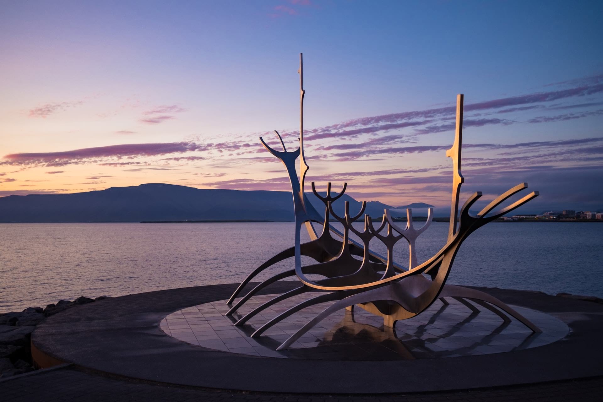 Reykjavik midnight-sun over Sun Voyager Sculpture
