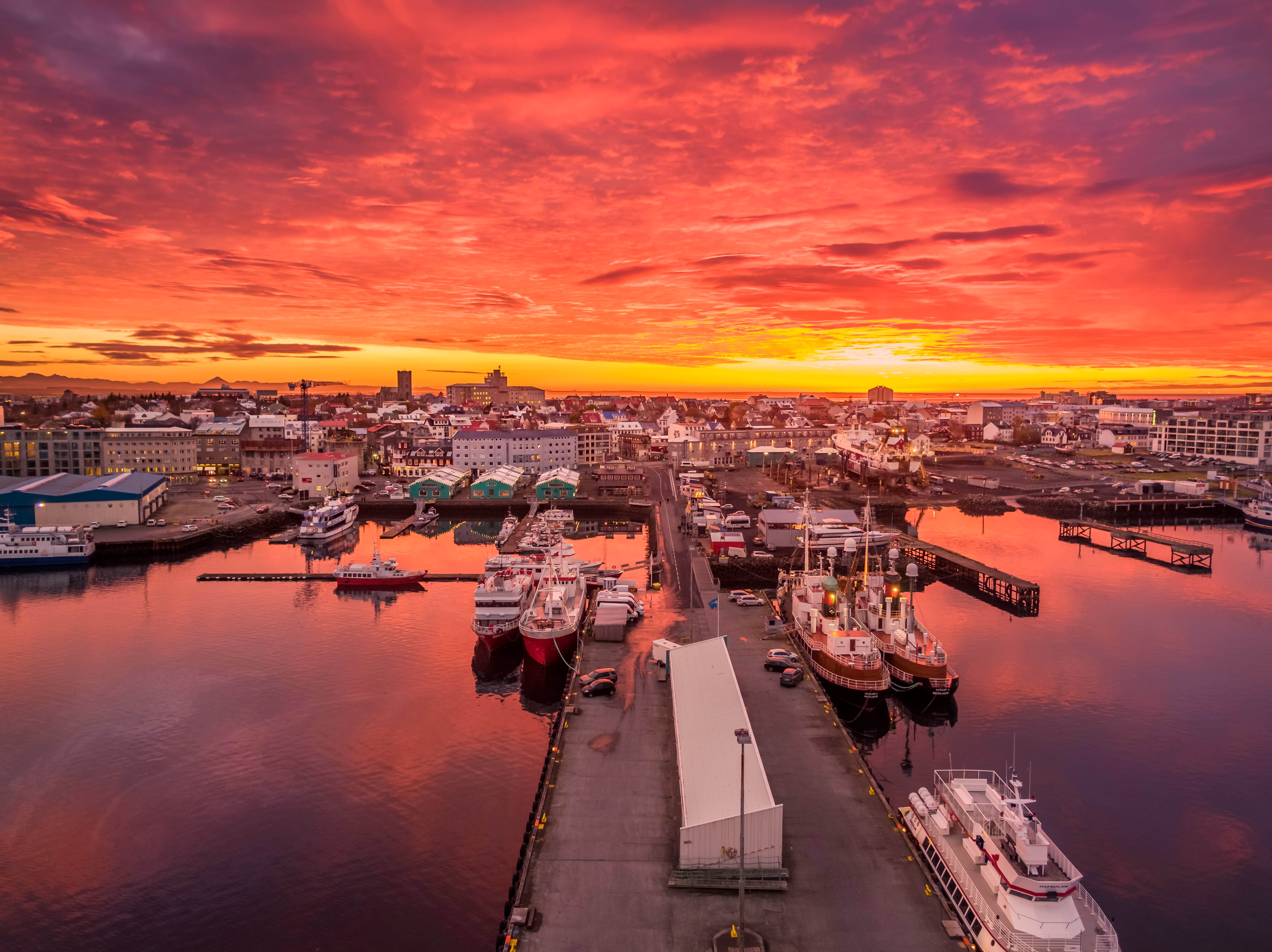 Sunset over the harbor in Reykjavik 