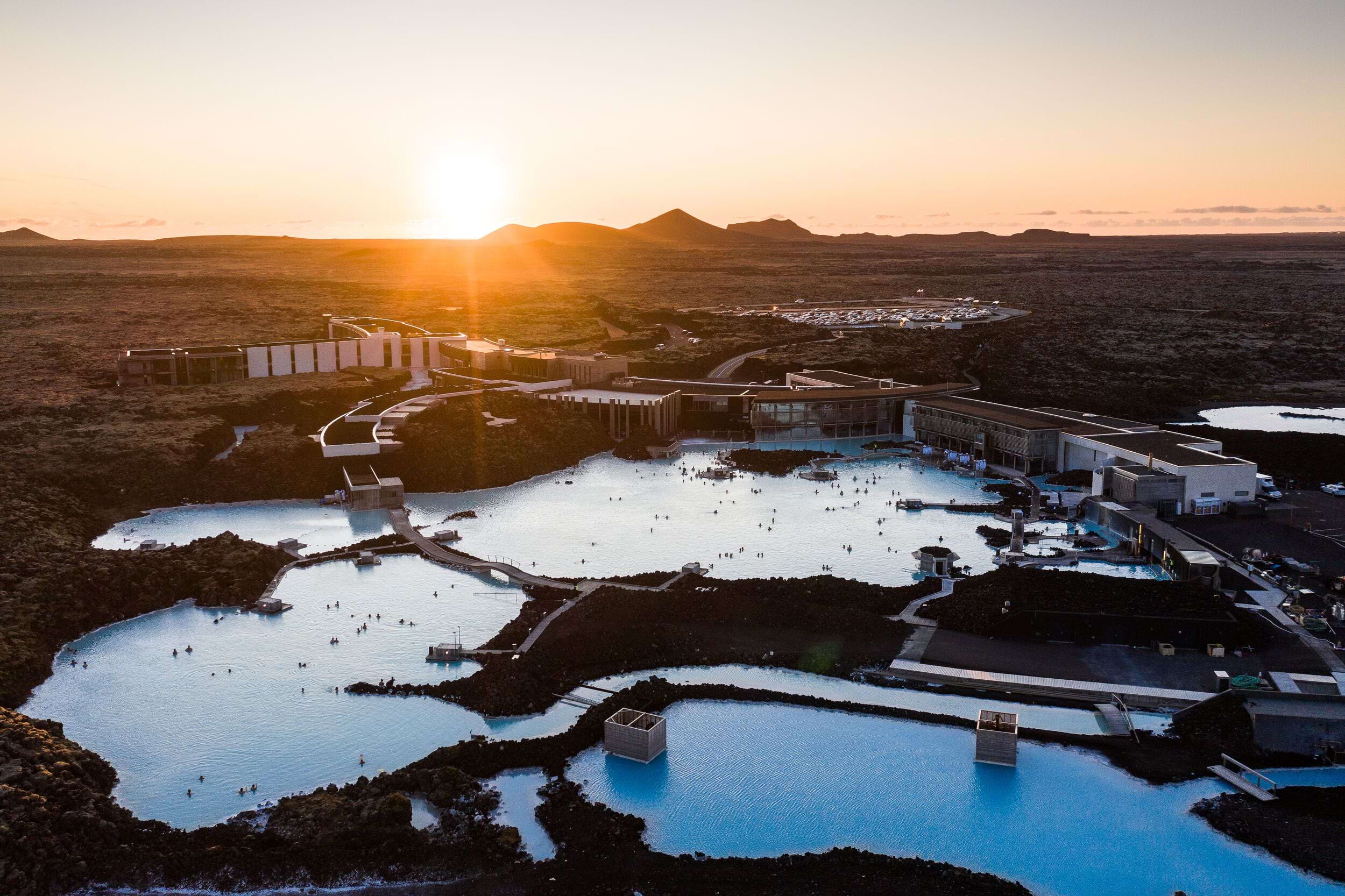 A bird's eye view of the Blue Lagoon at Reykjanes Peninsula at sunset